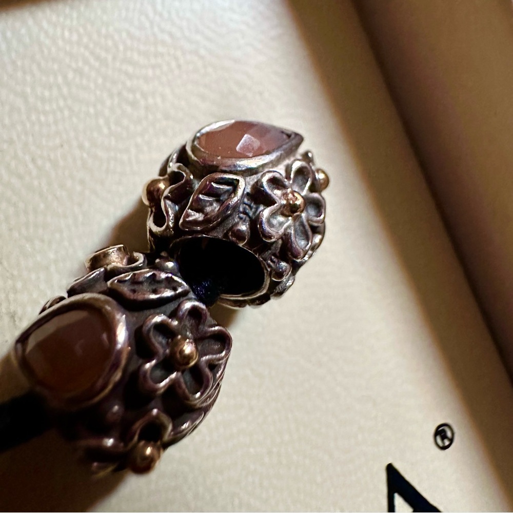 RARE‼️Authentic PANDORA Dew Drops Silver 14k Gold Orange Moonstone Onyx Charm‼️ - Picture 3 of 4